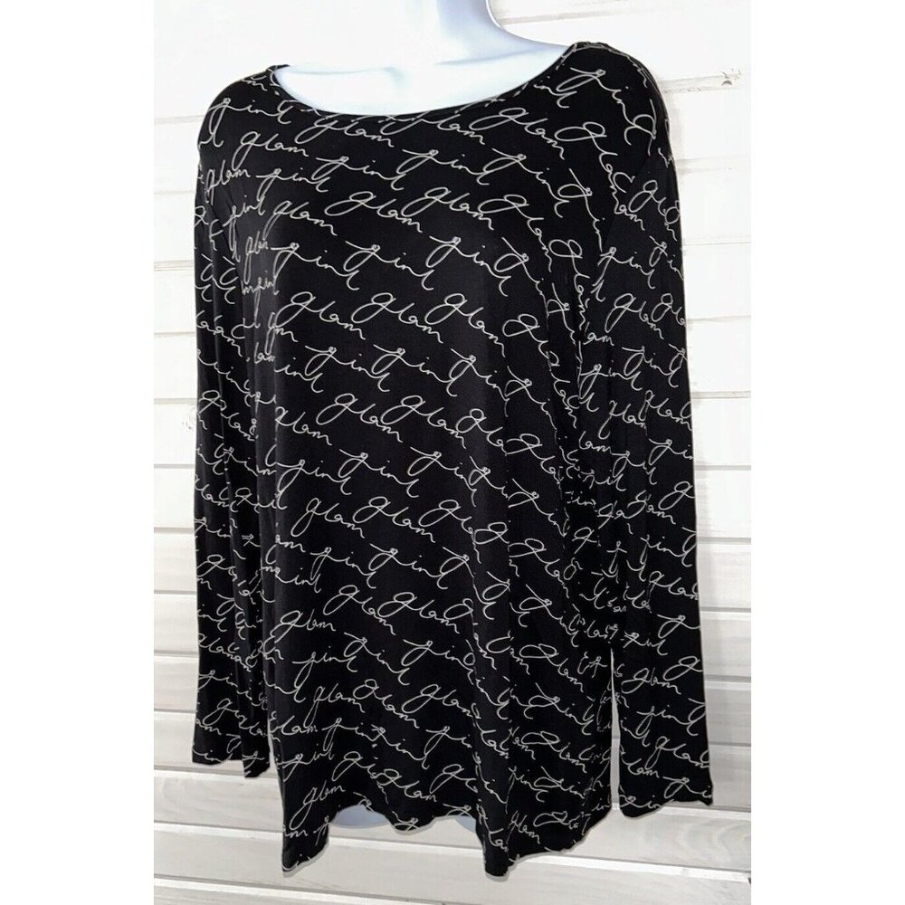 Chicos Sz 2 (LARGE) Black White Karina Glam Girl L/S Tee Tunic Top Knit EUC